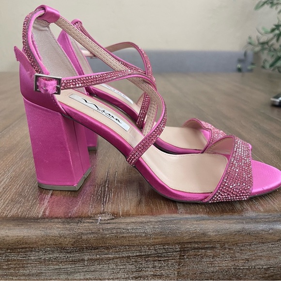 NINA Shoes Henesi Rhinestone Open Toe Hot Pink Heels Satin SZ 7.5 - Picture 7 of 13